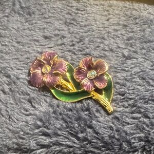Violets and Green leaf Cloisonné enamel Floral Brooch with Crystal.